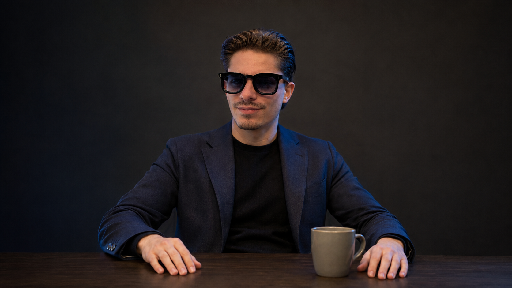 Jean Alexandre's AI double, in black sunglasses and a navy blazer, at his desk